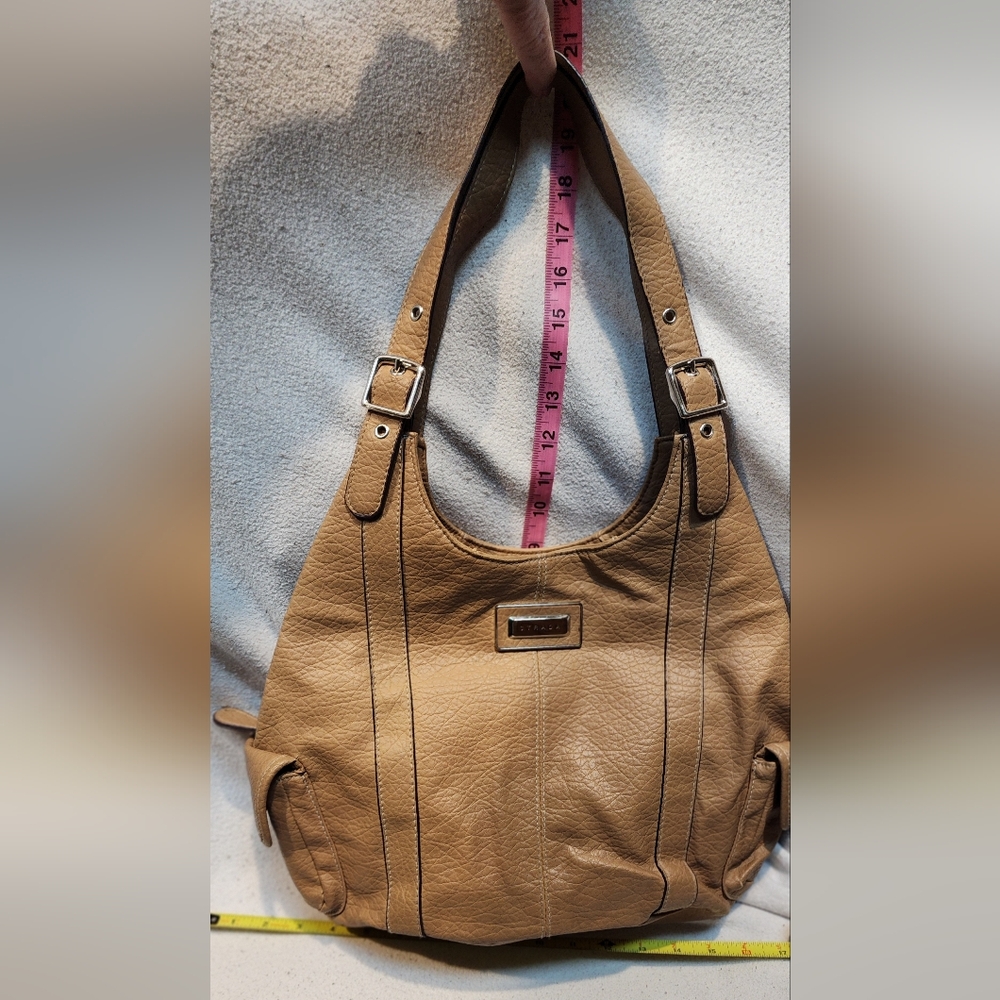 Strada Tan Vegan Leather 13" Wide Shoulder Bag Purse Good Condition